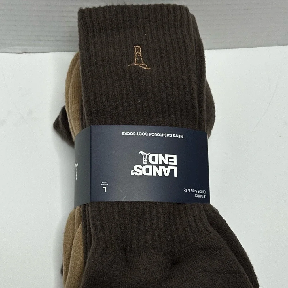 NWT Lands' End Men's Soft Touch Boot Socks 3 Pack Full Terry Sz Lg Brown &‎ Tan